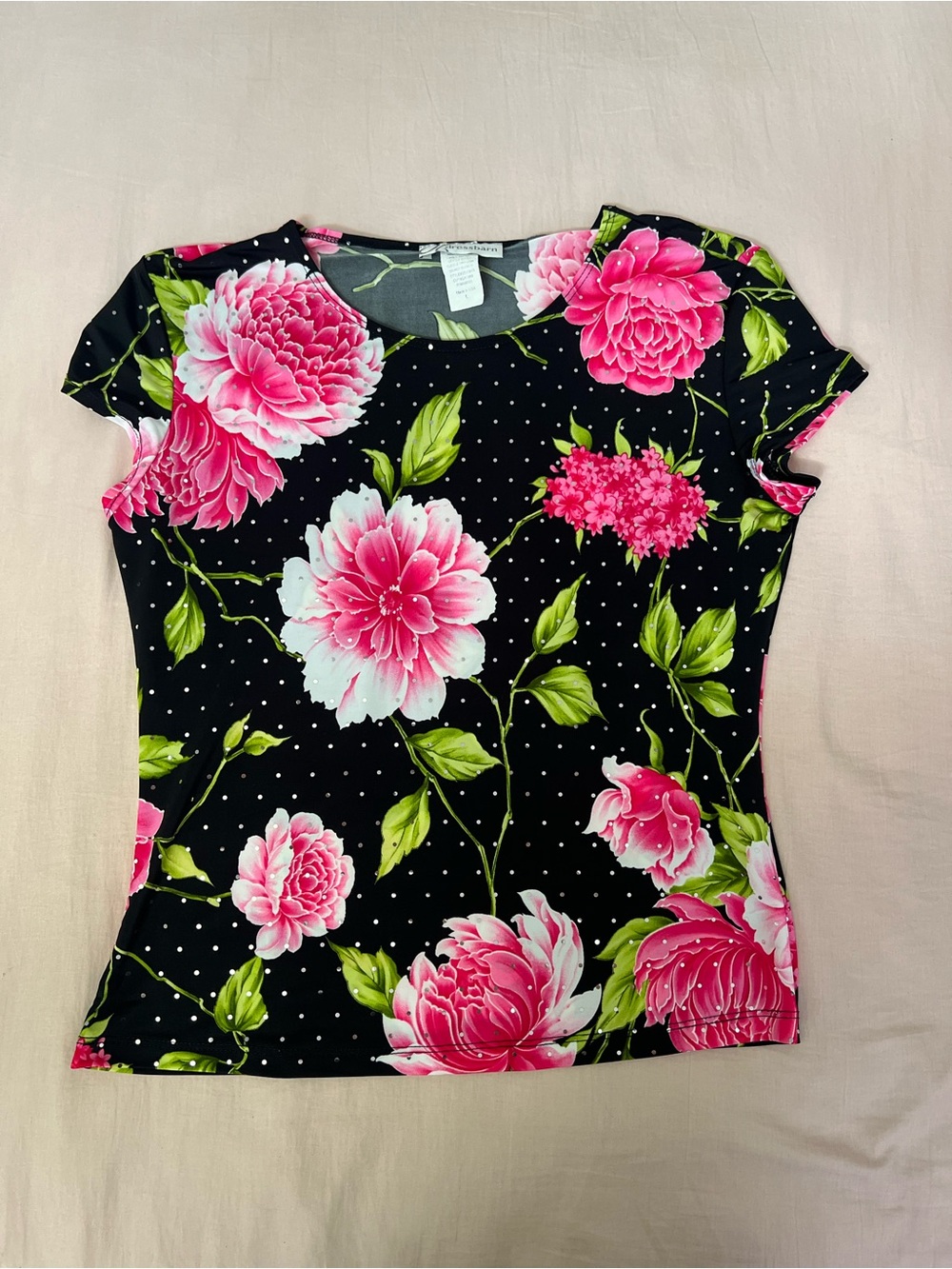 dressbarn Black Sparkle Scoop Neck Tee with Pink Floral Print